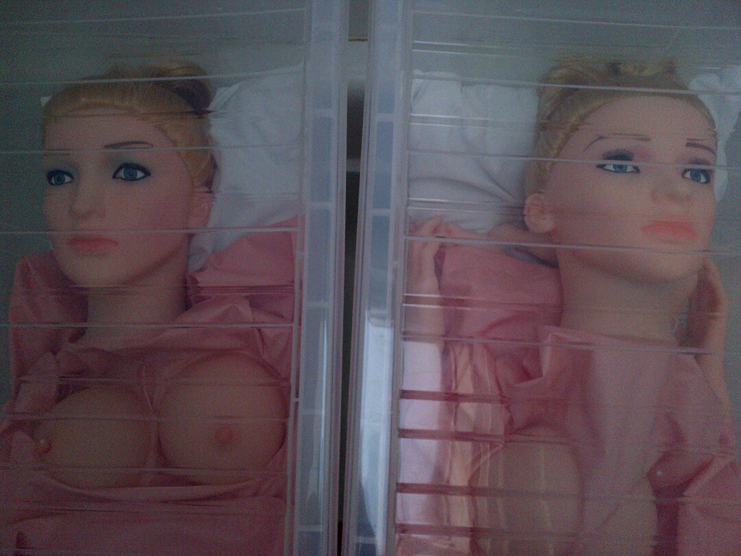 Tanya (left) and Aileen (right) in their plastic coffins