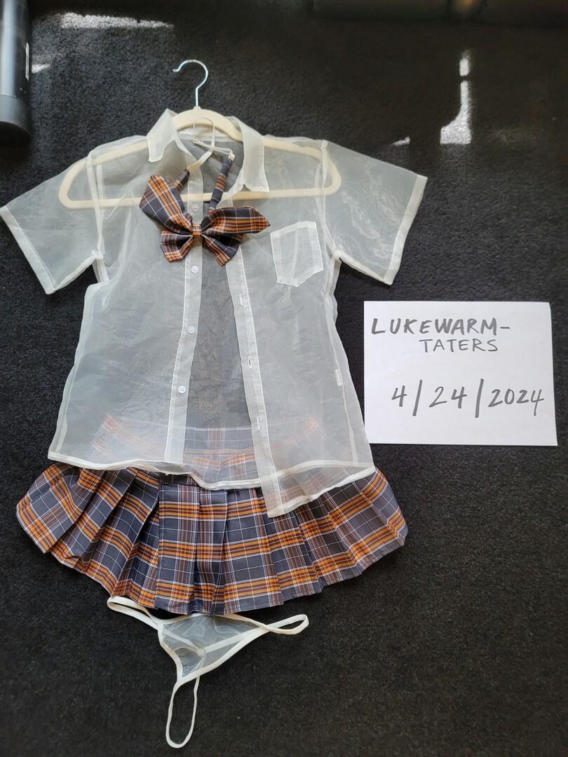 white school blouse, plaid bow and skirt, thong