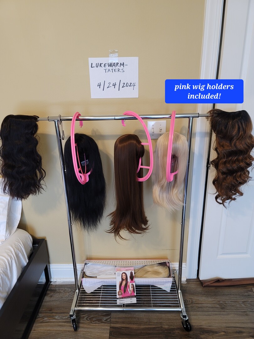 FROM LEFT TO RIGHT: first two wigs are human hair, other three are synthetic wigs. the long blonde one at the bottom is synthetic as well.