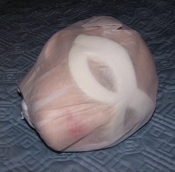 The head, wrapped.<br />I like how they protect the eyes, but the same thing should protect the ears as well (you'll see.)