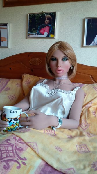 Sarah with her morning cuppa